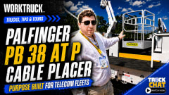 Work Truck “Trucks, Tips & Tours” thumbnail featuring a Palfinger PB 38 AT P cable placer, with a presenter demonstrating the equipment. Headline highlights its purpose-built design for telecom fleets.
