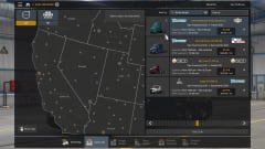 American Truck Simulator quick job screen showing freight options, truck choices, pay, route details, and a western U.S. map.
