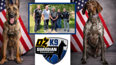 Graphic promoting the OZ K9 Guardian Program, featuring two working dogs, a group of law enforcement officers, and the program logo against American flag backgrounds, highlighting support for police K-9 teams.