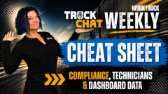 Promotional graphic for Truck Chat Weekly Cheat Sheet showing a woman with blue hair gesturing toward the title beside a moving truck. Bottom text reads “Compliance, Technicians & Dashboard Data.”