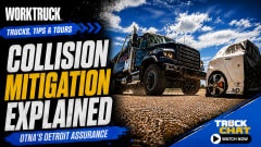Work Truck “Trucks, Tips & Tours” promotional graphic featuring a vocational truck approaching a crash-test vehicle, highlighting Detroit Assurance collision mitigation technology with the headline “Collision Mitigation Explained.”