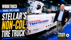 Work Truck “Trucks, Tips & Tours” promotional graphic featuring Stellar’s new non-CDL tire service truck with a large service crane, a presenter demonstrating the vehicle, and a “Watch Now” Truck Chat callout.