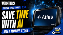 Work Truck Trucks, Tips & Tours YouTube thumbnail promoting Motive Atlas AI, featuring a rugged tablet displaying the Atlas interface with the headline, “Save Time with AI,” and a Truck Chat “Watch Now” button.