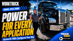 Work Truck Trucks, Tips & Tours YouTube thumbnail featuring a presenter beside a Kenworth T880 vocational truck with the headline, “Power for Every Application,” plus the subhead, “Kenworth T880: Configured Your Way,” and a Truck Chat Watch Now button.