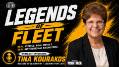 Tina Kourakos smiles beside bold black-and-yellow Fleet Legends graphics promoting her spotlight interview on decades of fleet leadership.