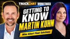Work Truck video thumbnail featuring Lauren Fletcher and Martin Kuhn with blue and yellow accents and the text “Getting to Know Martin Kuhn, Mike Albert Fleet Solutions.”