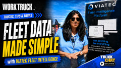 Work Truck Trucks, Tips & Tours YouTube thumbnail featuring a Viatec representative and Fleet Intelligence Platform display with the headline, “Fleet Data Made Simple,” promoting Viatec’s fleet management and analytics technology.