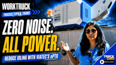 Work Truck Trucks, Tips & Tours YouTube thumbnail featuring a Viatec WorkForce ePTO system and presenter with the headline, “Zero Noise. All Power.” promoting reduced idling with Viatec’s electric power take-off technology.