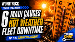 Work Truck Trucks, Tips & Tours YouTube thumbnail about six main causes of hot-weather fleet downtime, featuring a large thermometer, blazing sun, and engine components, with a Truck Chat “Watch Now” button.