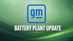 GM logo above “Battery Plant Update” on a green energy-themed graphic with battery and sustainability icons.