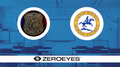 ZeroEyes graphic featuring Camden, Delaware Police and Caesar Rodney School District emblems over a blue-tinted classroom background, with the ZeroEyes logo displayed across the bottom.