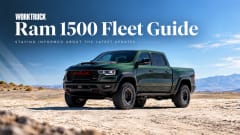 Dark green Ram 1500 pickup parked in a desert landscape beneath the words “Ram 1500 Fleet Guide.”