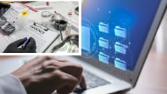 Digital evidence management concept showing forensic evidence collection materials alongside a person using a laptop with glowing electronic file folders representing digital records and data organization.