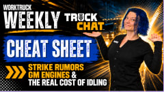 Work Truck Weekly Truck Chat Cheat Sheet thumbnail featuring Lauren Fletcher with callout text highlighting strike rumors, GM engines, and the real cost of idling.