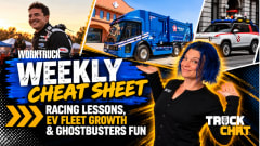 alt image text for accessibility Work Truck Weekly Cheat Sheet thumbnail featuring Lauren Fletcher, race car driver Isaac Johnson, a blue Republic Services electric refuse truck, and a Ghostbusters-themed Rivian SUV. Text highlights racing lessons, EV fleet growth, and Ghostbusters fun.