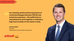 Graphic featuring a headshot of NSTA President Patrick Dean beside a quote about the importance of continued dialogue between FMCSA and school bus operators to advance safety and collaboration in student transportation.
