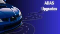 blue Subaru car, windy road graphic, ADAS Upgrades