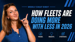 YouTube thumbnail with a dark blue, high-contrast corporate design featuring a smiling young woman on the left pointing upward. Large bold text on the right reads: ‘HOW FLEETS ARE DOING MORE WITH LESS IN 2026.’ Smaller header text at the top says ‘WEEKLY CHEAT SHEET.’ Along the bottom are three blue-and-white icons labeled ‘TRENDS,’ ‘INSIGHTS,’ and ‘STRATEGIES.’