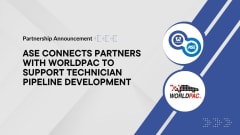 Graphic announcing partnership between ASE Connects and Worldpac to support technician pipeline development and strengthen connections between industry and education programs.