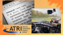 Illustration of inside truck cab with dashcam on window, definition of research, and ATRI logo