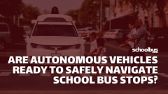 Waymo’s fully autonomous legacy Chrysler Pacifica Hybrid minivan at a crosswalk with a red overlay and text reading "Are Autonomous Vehicles Ready to Safely Navigate School Bus Stops?"