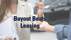car in the background with two people exchanging a set of keys and one person holding a clipboard with paperwork that says "Contract". Text says Buyout Beats Leasing. Agent Entrepreneur logo in top right corner. 