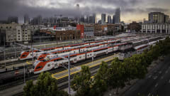 A fleet of Caltrain electrified trains on tracks