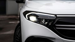 Closeup photo of the front of a white car