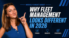 On the left, a smiling woman in a blue sleeveless polo points upward against a dark navy background with blue graphic accents. On the right, large bold text reads “WHY FLEET MANAGEMENT LOOKS DIFFERENT IN 2026” beneath a “WEEKLY CHEAT SHEET” header. Along the bottom are icons labeled “Trends,” “Insights,” and “Strategies.” The design uses a professional blue-and-white color scheme with modern geometric elements and a corporate, technology-focused aesthetic.