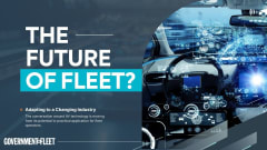 The text 'the future of fleet' with an image of an autonomous car on the road and the GF logo. 