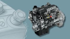 Illustration showing Paccar MX engine with sketch illustration of DEF fill tank in background