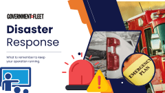 Government Fleet graphic titled “Disaster Response” with emergency vehicles, a pickup truck, an emergency plan folder, and warning symbols.