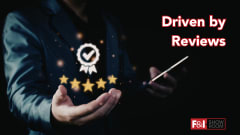 man holding a phone in one hand with a five-star review graphic above his other hand. Driven by Reviews. F&I and Showroom logo