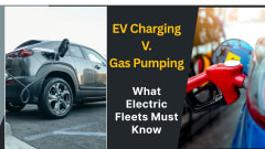 Photo illustration of a gray hatchback EV charging and a gas vehicle filling up.