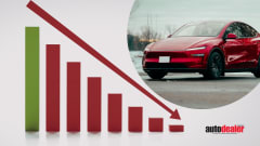 chart denoting a downward trend with a picture of a red electric vehicle and the Auto Dealer Today logo