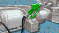 Illustration of exhaust aftertreatment system on an AI-inspired blue background and a green fuel pump nozzle in the foreground.