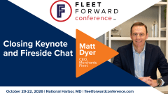 Promotional graphic for the 2026 Fleet Forward Conference featuring Matt Dyer, CEO of Merchants Fleet, speaking in a closing keynote and fireside chat in National Harbor, Maryland.