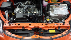Under the hood of a Toyota Prius EV Hybrid car.