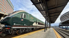 An Amtrak Cascades Airo Trainset at a station.