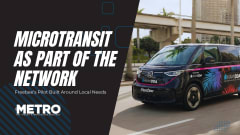 A Freebee microtransit van in Miami with text reading "Microtransit as Part of the Network."