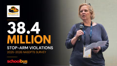 Graphic for a School Bus Fleet news story featuring the NASDPTS logo, a speaker presenting with a microphone, and the headline, "38.4 Million Stop-Arm Violations," highlighting annual illegal school bus passing estimates.