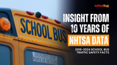 A close up detail of the back of a school bus with text reading "Insight From 10 Years of NHTSA Data."