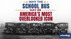A black and white image of older school buses lined up with text reading "Why the School Bus May Be America's Most Overlooked Icon."