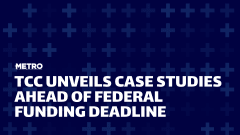 A blue graphic with text reading "TCC Unveils Case Studies Ahead of Federal Funding Deadline."