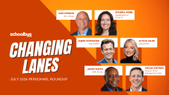 Graphic for School Bus Fleet's "Changing Lanes" July 2026 personnel roundup featuring headshots of six industry professionals: Jamie Smith (AMF Buns), Dan Strock (Pro-Vision), Kyndra Webb (HopSkipDrive Council), Jared Schnader (CALSTART), Alycia Gilde (CALSTART), and Micah Enterz (Kooner Fleet Management Solutions), displayed on an orange geometric background.