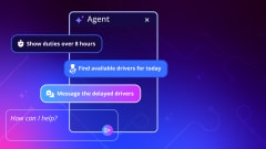 A blue, pink, and purple graphic showing Optibus Agent AI prompts.