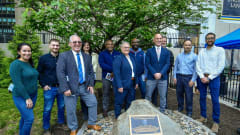 MTA and ASCE officials at plaque celebrating earning the New York Metropolitan Historic Civil Engineering Landmark designation.