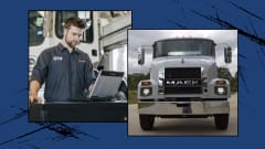Photos of Mack MD medum-duty truck and Mack technician on a computer in the shop, on a blue background