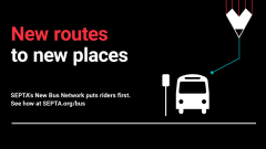 A black, white, and red SEPTA graphic with text reading "New routes to new places."