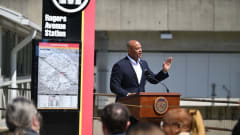 Governor Moore speaking at Maryland light rail station